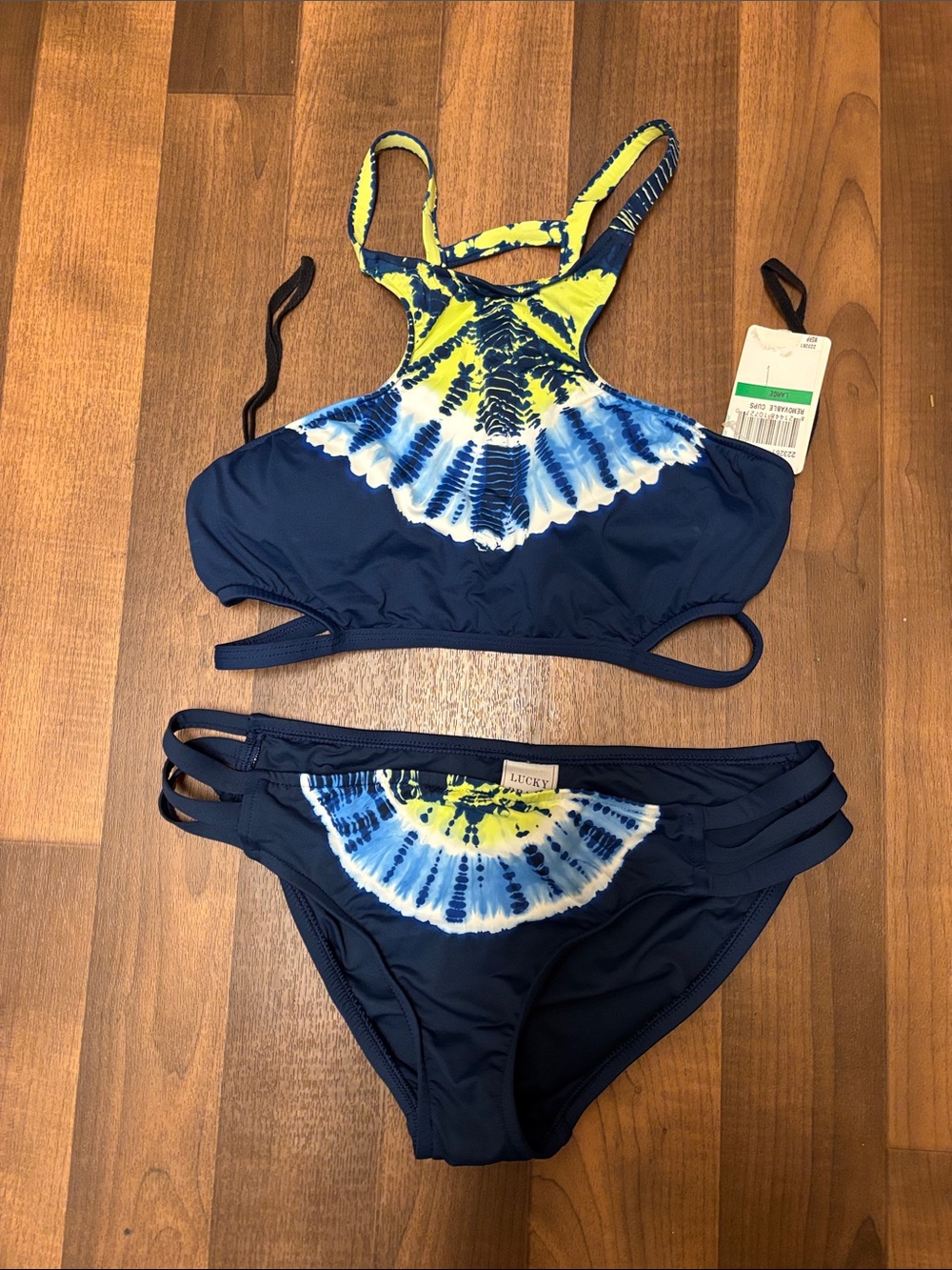 Lucky Brand Navy &Yellow Tie-Dye Bikini lg top , M Sz NWT$ unique and beautiful!